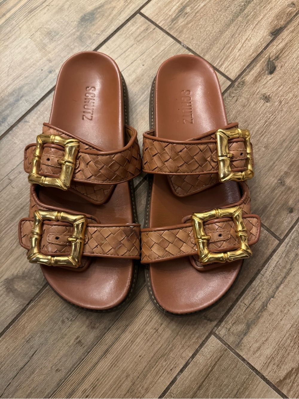 SCHUTZ Cognac Woven Leather Slide Sandals with Gold Buckles
